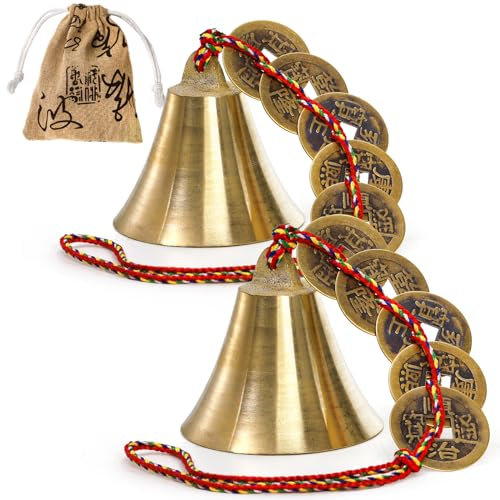 YOUEON Chinesische Feng Shui Glocke für Reichtum und Sicherheit, chinesische hängende Dekoration, Windspiele mit Münzen für Glück, Frieden und Erfolg für Innen- und Außenbereich, Terrasse, Haustür, 2