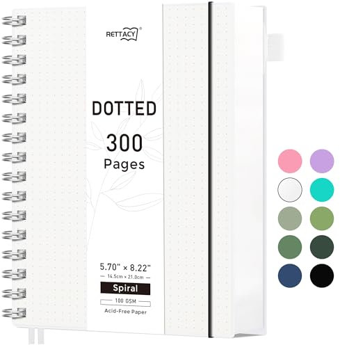 RETTACY A5 Dotted Notebook, Bullet Dot Grid Journal, Wirebound Spiral Notebooks 300Pages /150 Sheets for Writing,100gsm, PVC Hardcover, for Women Men Work Office School, 14.5 x 21cm - Transparent