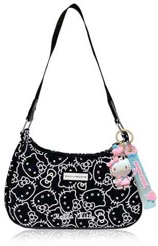 Roffatide Anime KT Nette Umhängetaschen für Frauen Freunde PU Tote Handtasche mit Reißverschluss Mini Clutch Schulter Geldbörse Unterarm Geldbörse Schwarz (mit Anhänger)