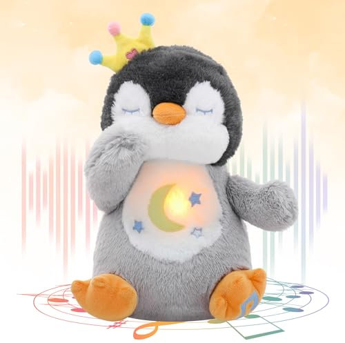 seOSTO Schlummer Kuscheltier, Beruhigende Pinguine, Atmende Pinguine, Schlafotter Plüsch mit Atembewegung und Musik Musikalische, Beruhigungspuppe für Baby Spielzeug, Neue Baby Geschenke