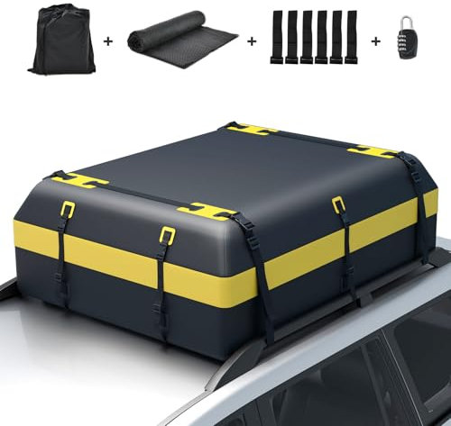 HOMFME 15/21 Cubic Feet Car Roof Bag, Waterproof PVC Rooftop Cargo Carrier Box with Non-Slip Mat, Door Hooks and Straps, Roofing Luggage Storage Bag (21 Cubic Ft/600L，Black+Yellow)