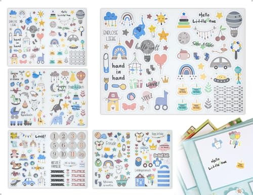 Emezddo 212 Stück Babyalbum Sticker,Kinder Fotoalben Aufkleber,verwendet für Mädchen Junge Scrapbooking Babyshower Dekoration Notizbuch Briefumschläge Spiegel(Blau)