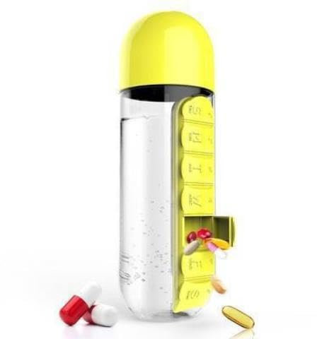 2-in-1 Medicine Box & Sports Water Bottle – 7-Day Pill Organizer, 600ml Portable Hydration & Medication Tracker for Gym, Travel, Work & Daily Health (Yellow)