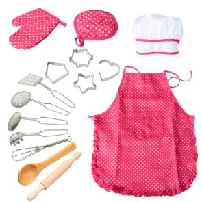 Garvee Kinder Kochen Spielset 15 Teile, Rollenspiel Küchenzubehör (Rot), Chef-Kostüm & Kochutensilien, Spielzeug Für Kinder Haus-Spiel