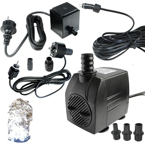 Arnusa Springbrunnenpumpe mit 1x LED Quellsteinbeleuchtung kaltweiß Spot Teichpumpe Wasserpumpe Bachlaufpumpe 12V IP44 Steckernetzteil (1500 l/h)