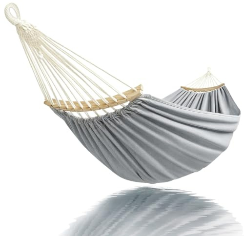 Hängematte 2 Personen 220 x 150 cm Polyester-Baumwollgewebe (Hellgrau) XXL | Max. Traglast 300 kg, abnehmbare Stützstange, geräumige Doppelhängematte für Innen, Außen, Garten & Balkon