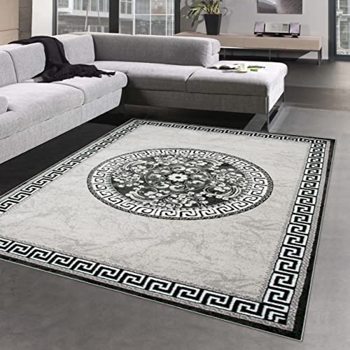 CARPETIA Orientalischer Teppich mit Bordüre & Glitzergarn | Oeko-TEX | Creme grau 120x160 cm
