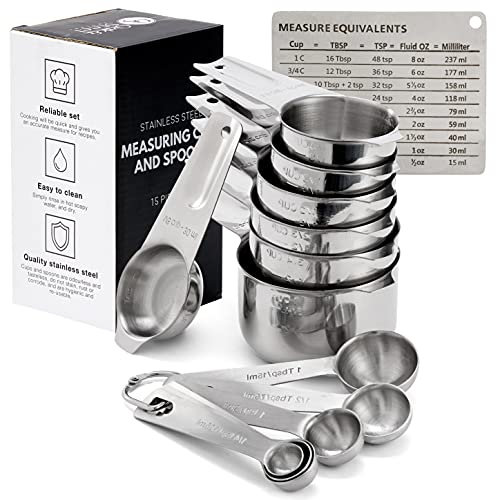 Oak & Steel - 15 Stück Messbecher & Löffel aus Edelstahl: 7 Tassen, 7 Löffel & 1 Magnetische Umrechnungstabelle