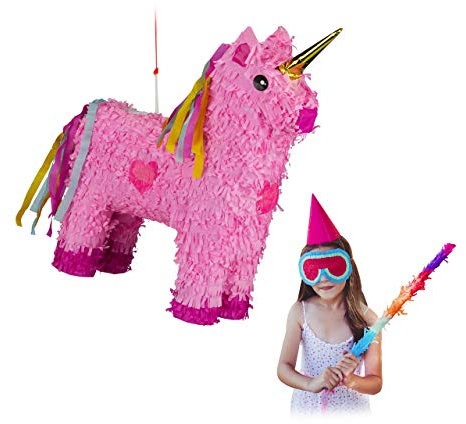 Relaxdays 10024662 Pinata Einhorn, zum Aufhängen, Kinder, Mädchen, Geburtstag, zum Befüllen, HxBxT: 47 x 43 x 13 cm, rosa-pink
