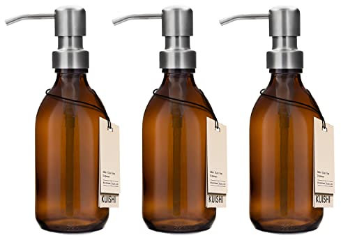 Kuishi Set di tre pompe in vetro marrone ambrato Flacone da 250 ml con pompa in acciaio inossidabile argento, dispenser di sapone riutilizzabile ecologico, elegante decorazione per il bagno