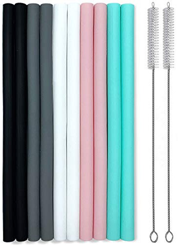 Silicone Straws Set of 10 Straight Smoothies Straws Large Silicon Reusable Drinking Straws with Cleaning Brushes Extra Long for 20oz and 30oz Tumbler - Flexible