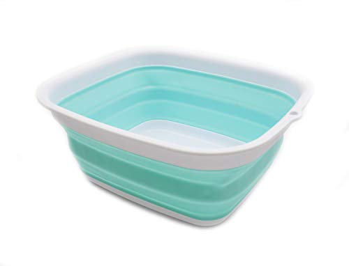 SAMMART 7.7L Collapsible Tub - Foldable Dish Tub - Portable Washing Basin - Space Saving Plastic Washtub (White/Lake Green, small)