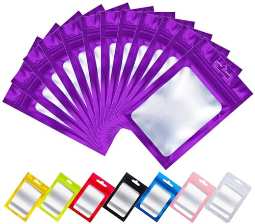 Rimiko 50 Pezzi Sacchetti di Alluminio con Finestra, Bustine in Mylar con Zip, Buste Ermetica a Chiusura per Alimenti e l'Imballaggio (Viola,7x10cm)
