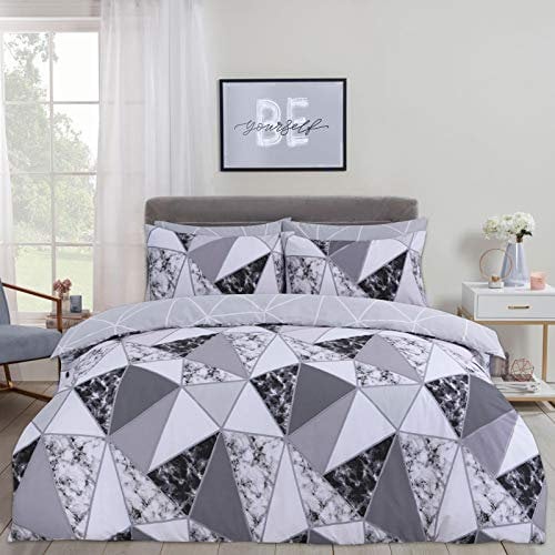 Dreamscene Marble Geometric Duvet Cover with Pillow Case Bedding Set Reversible Shapes, Charcoal Grey - Single