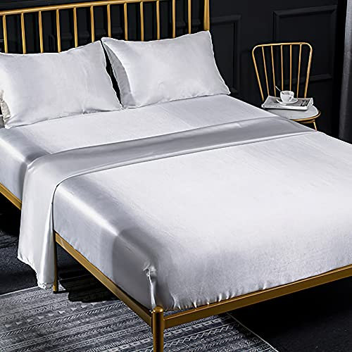 Jemiipee Spannbettuch Einfarbig Satin Glänzend Betttuch Leintuch 180x200 cm für Matratzen bis 35cm Spannbettlaken Set 4teilig mit Bettlaken, Spannbettuch, 2 Kissenbezüge - Weiß