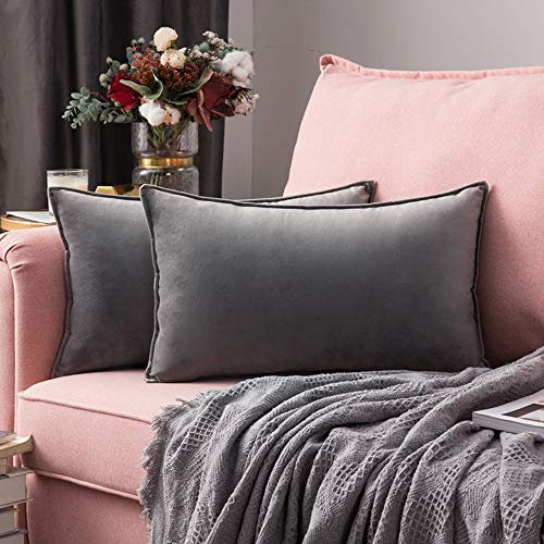 MIULEE 2er Set Samt Kissenbezug Flansch Kissenhülle Dekorative Sofakissen Dekokissen Umwickelte Kante Kissenbezüge Zierkissenbezug für Sofa Wohnzimmer Schlafzimmer 40x60 cm Hellgrau