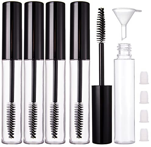YITOU 4 Pack 10ml Empty Mascara Tube with Brush Wand, Refillable Eyelash Cream Container DIY Cosmetics Bottle for Castor Oil/Eyebrow Growth Serum/Coconut Oil, 4 Rubber Inserts, 1 Funnel, Black
