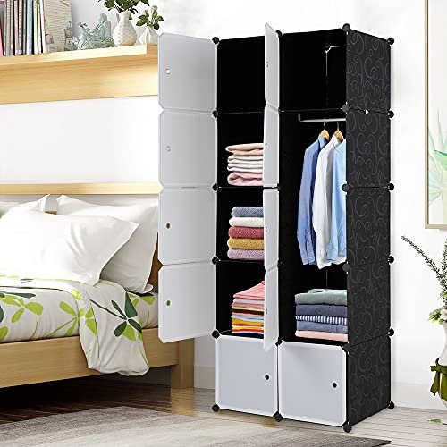 LEADZM Regalsystem, 10 Würfel, Kunststoff-Kleiderschrank mit Türen, Modulares Schranksystem zur platzsparenden Aufbewahrung, 70 x 45 x 175 cm, Weiß Tür & Schwarz