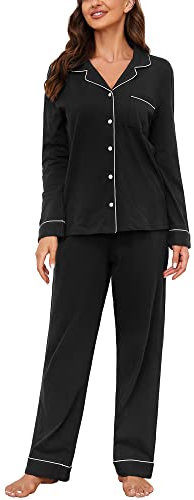 U2SKIIN Schlafanzug Damen lang 100% Baumwolle, Pyjama Damen weiche Pyjamas Set leichte Nachtwäsche Schlafanzüge für Frauen Zweiteiler Pyjama Set (Schwarz, XL)