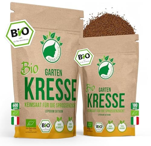 NanaNatura's Bio Kresse Sprossen Samen 180g | Keimfähige Gartenkresse Saaten zur Sprossenzucht | Microgreens für die Keimschale | geprüft & abgefüllt in Deutschland
