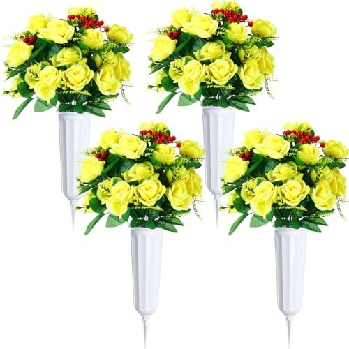 Tigeen Künstliche Friedhofsblumen mit Vase für Grabschmuck, Seidenblumenstrauß, Friedhofsdekoration für Beerdigung, Grabstein-Arrangement, 4 Sets (weiß, gelb)