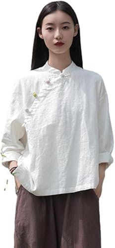 Kkaebi Chemisier Chinois en Ramie pour Femmes - Chemise D'été Hanfu en Coton Et Lin Vêtement Traditionnel Costume De Méditation avec Manches Longues Haut De Tunique Rétro (M.,Blanc)