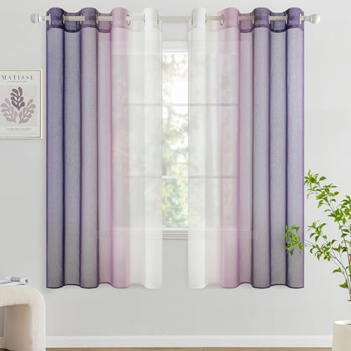 Woaboy Cortina Corta Ventana Translúcida Visillo Dormitorio con Ojales Moderno Decorativas Poliéster Visillos Degradado Gradiente para Habitación Salon 2 Piezas 140x145cm Violeta