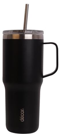 Décor Stainless Steel XL Travel Tumbler Vacuum Insulated for Superior Thermal Performance. Slide Open/Close 2 in 1 Cap for Straw and spout. 24 Hour Cold Rating. Black Extra Large 880ml Capacity.