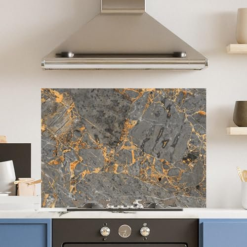Premium (w)90cm x (h)65cm Grey Marble Glass 6mm Kitchen Splashback Heat Resistant Toughened Polished Edges - Back Splash Back Coloured Hob Painted Tempered Splashbac