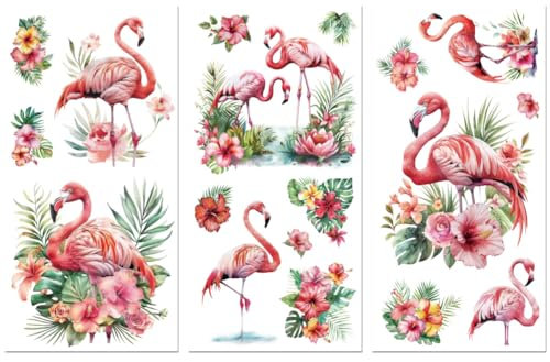 Peacoblue UV DTF Rub-On Transferfolie Möbel-Sticker Tropischer Flamingo Muster 15x30cm, 3 Stk. Wasserfeste Deko-Transferaufkleber für Möbel Gläser Porzellan Wäscheschränke Kommoden Holz Kunststoff
