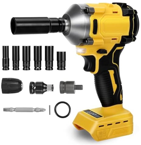 Cordless Impact Wrench, 600Nm 1/2 inch Brushless Impact Gun Compatible with Dewalt 18 V 21 V, Electric Impact Driver 3 Speeds Adjustment and 12 Accessory for Car Furniture Car Tyre Change - NO Battery