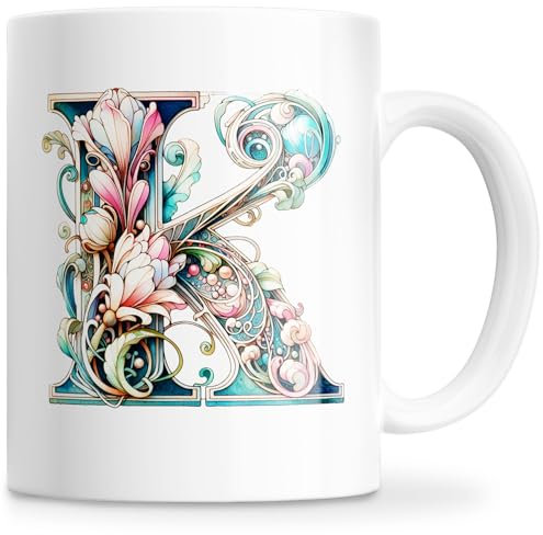 Tazza personalizzata con lettera iniziale del nome - Tazza in ceramica 350 ml con motivo floreale, regali originali per donne, mamma, amici, lavabile in lavastoviglie e forno a microonde (K)