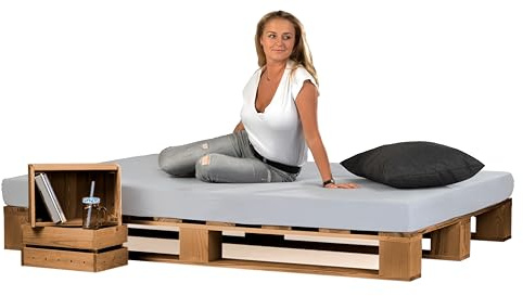 Lermowood Palettenbett M1 aus Holz 160 x 200 cm Eiche mit Lattenrost Holzbett 20cm Stabiles Seniorenbett Kinderbett Jugendbett Gästebett erhöhtes Einzelbett Bettgestell Futonbett Komforthöhe