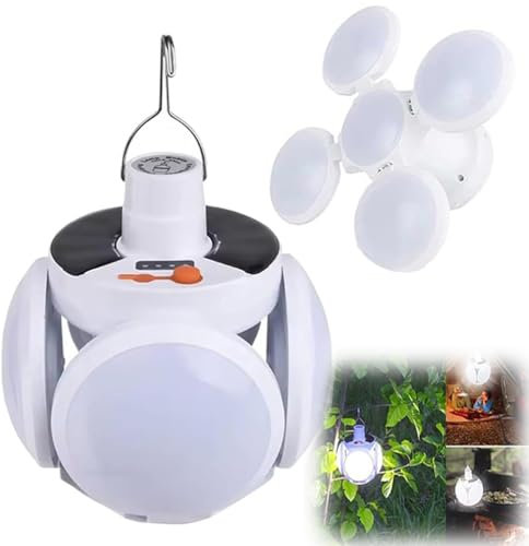 2 in 1 Faltbare Solarlampe, LED Campinglampe Solar Aufladbar, Solar Campinglampe mit Haken, USB Wiederaufladbare Wasserdicht Campinglicht Zeltlampe mit 5 Lichtmodi