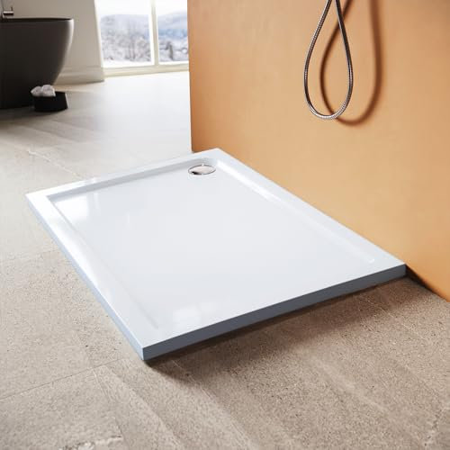 SUNXURY Duschwanne 120x80 cm Rechteckig Duschbecken aus Acryl in Weiß Duschtasse flach Duschwanne komplett inkl. Ablaufgarnitur Ø 90 mm