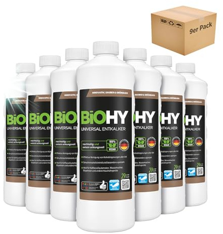 BiOHY Universal Entkalker (9 x 1L) | Konzentrat für Kaffeemaschinen, Wasserkocher, Glaskannen & Haushaltsgeräte | Starker Kalklöser auch für Glas- & Edelstahlflächen