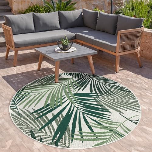 Paco Home In- & Outdoor Teppich Flachgewebe Jungel Gecarvtes Florales Palmen Design Grün, Grösse:Ø 160 cm Rund