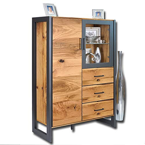 DK-Wohnen Highboard Vitrine Alteiche Furniert Metall Graphitgrau B97,5xH140xT40cm ELFO Janne 2263