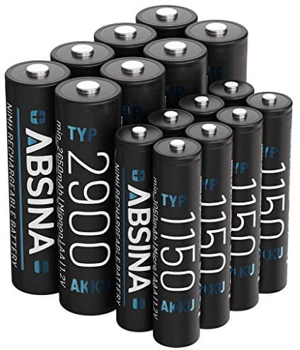 ABSINA Batterie ricaricabili 8x AAA 1150 + 8x AA 2900 NiMH 1,2V - Pile ricaricabili AAA min. 1050 mAh - Batteria NiMH AA min. 2650 mAh - Pile ricaricabili per dispositivi ad alto consumo energetico
