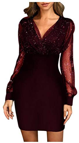 Damen Kleider Elegant Hochzeitskleid Tüll Perle/Pailletten Kleid Einfarbig V-Ausschnitt Abendkleid Herbst Winter Kurz Partykleid Schöne Festlich Slim Wine L