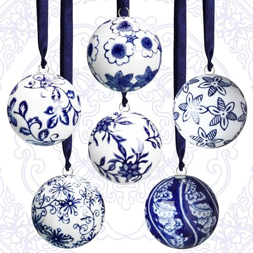 Cindeer Christmas Blue & White Porcelain Chinoiserie Ornament Bulk Hanging Decorative Ceramic Decor for Home Tree Xmas Party (Stylish Style, 6 Pcs)