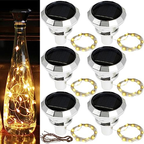 6PCS Copper Wire Solar Bottle Lights - 2M 20 LED Wine Bottle and Diamond Cork Lights for Weddings, Christmas Parties, Outdoor Decorations