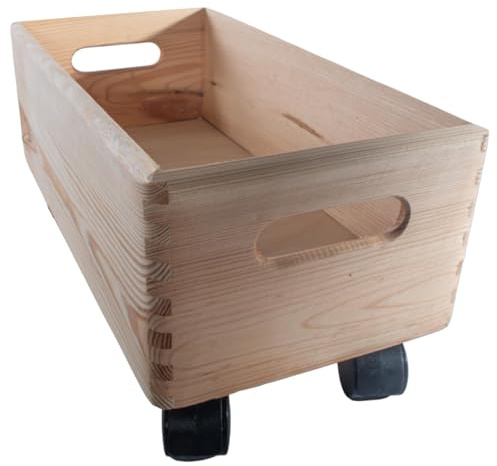 WooDeeDoo Wooden Rectangle Storage Crate Box | 40 x 20 x 13 cm + 5 cm Wheels | Cut-out Handles | Non-lidded Container Moving Organiser | Plain Pine To Decorate