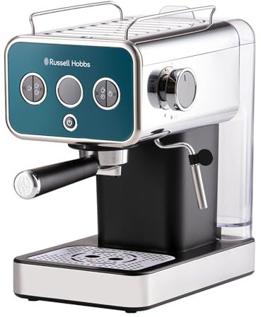 Russell Hobbs Espresso Machine, 15 Bar Pump Pressure + Milk Frother Steam Wand, Latte & Cappuccino, Detachable Water Tank, ESE pods,Cup warmer, Ocean Blue Stainless Steel 26451