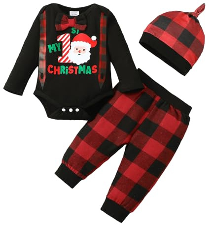 LUVCES Baby Jungen My 1st Christmas Kleidung Weihnachtsmann-Druck Gentleman Strampler + Rot karierte Hose + Mütze Weihnachtsoutfit Sets