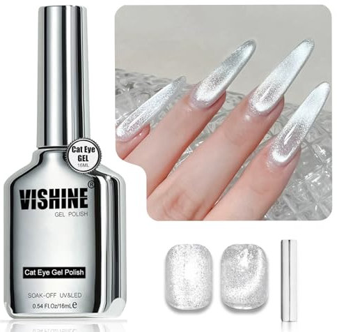 Vishine Esmalte de Uñas Cat Eye de 16 ml - Plateado Con Brillo Holográfico, UV Reflectante y Translúcido, Tono Cristal (H001)