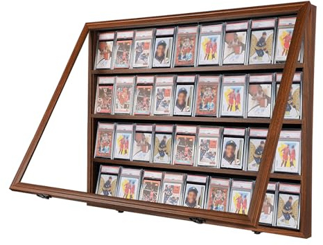 Temgee Baseball-Karten-Vitrine für 36 Karten – abschließbare Sportkarten-Vitrine, Wandhalterung mit UV-Schutz, Acryltür für Baseball, Basketball, Fußball, Hockey, Sammelkartensammlung – Walnuss
