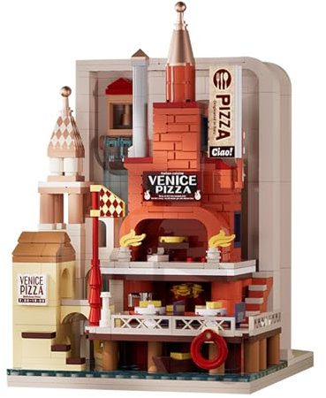 Oichy Bausteine Set, Shop Bausteine Straßenansicht Bausteine Faltbares Bauspielzeug Kreatives Architektur Klemmbausteine Set Geschenk für Kinder und Erwachsene (Pizza-Laden)