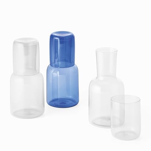 PHILIPPI - VIVA Wasserkaraffe mit Becher - 0,7L, Blau/Grau/Grün, Mundgeblasenes Glas, Design-Karaffe für Büro & Alltag, Karaffe mit Becher (blau)