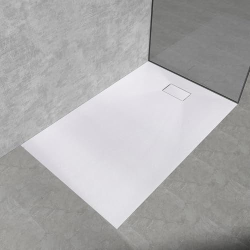 EMKE Duschwanne 140x90 cm SMC Duschtasse Flach Rutschfest, Rechteckige Brausewanne Zuschneidbar, Weiß Duschwannen mit 90 mm Ablaufloch (Ohne Siphon)
